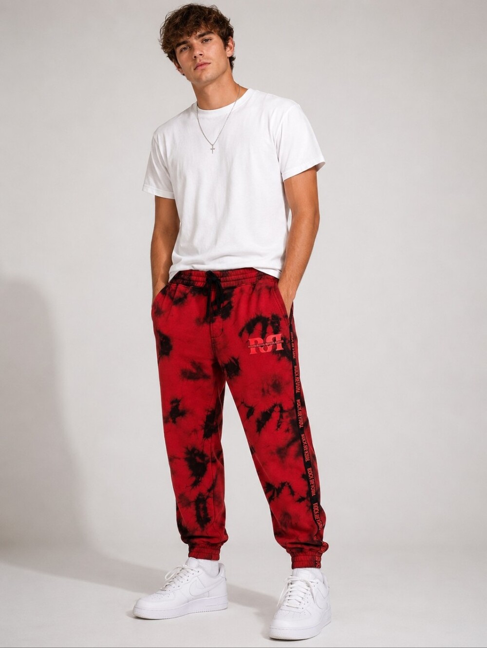 ROCK REVIVAL Jogger Sweatpants Men's XL Red Black Tie Dye Logo Streetwear